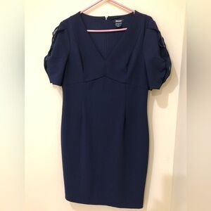DKNY Midnight Navy V-Neck Midi Dress - Puff Sleeve Accents business casual dress